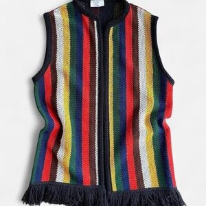 Vintage 70s Sears Vertical Striped Retro Rainbow Fringe Open Front Knit Vest